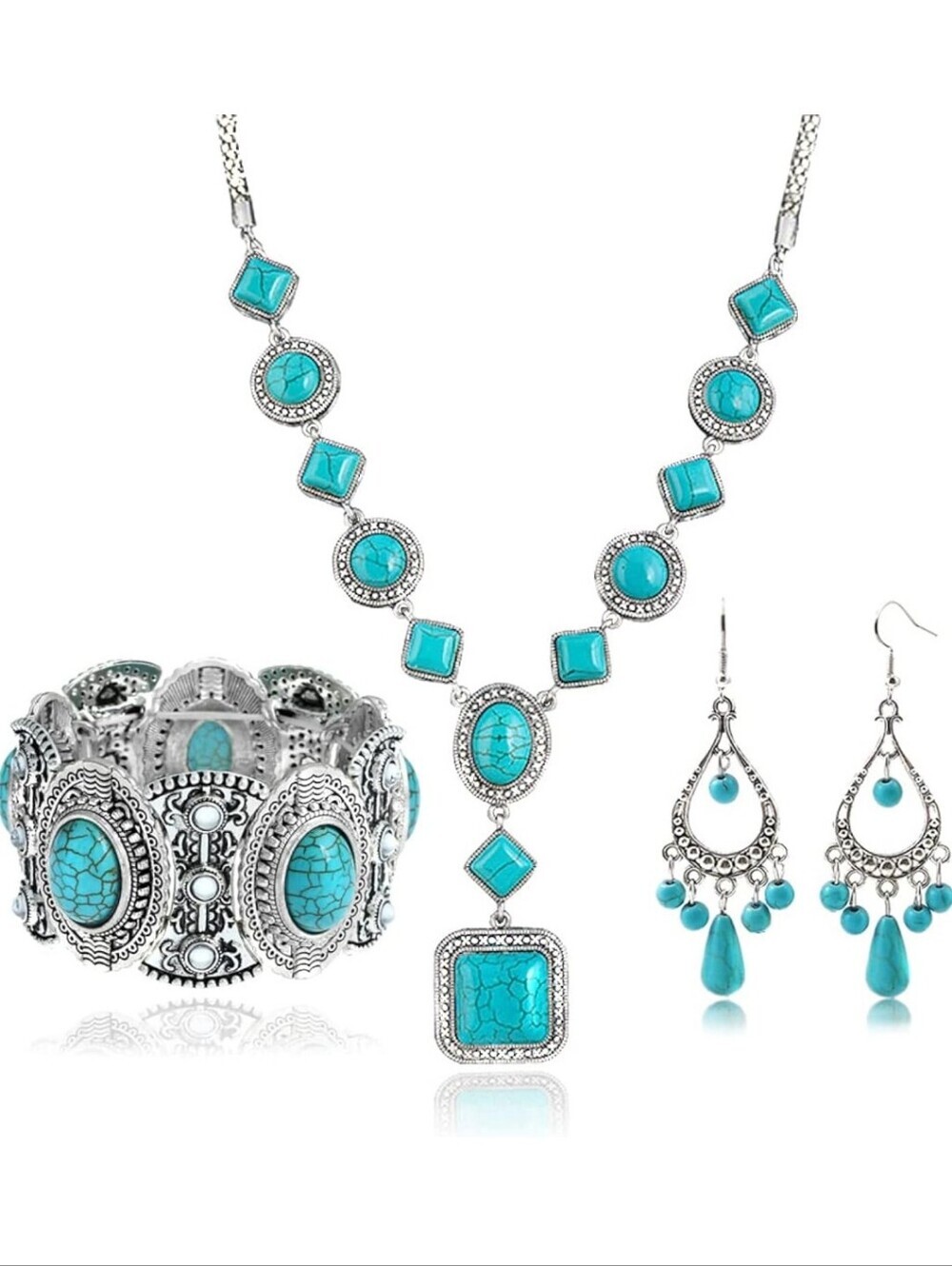 Turquoise Stone Boho Necklace, Bracelet & Earring Set